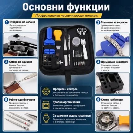 Професионален часовникарски комплект инструменти отвертки отваряне часовници смяна верижки батерии-2