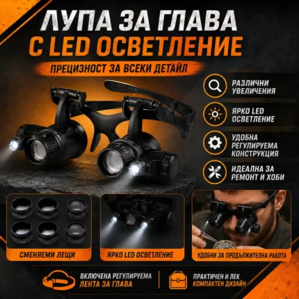 Лупа за бижутери с LED осветление и сменяеми лещи 10X–25X
