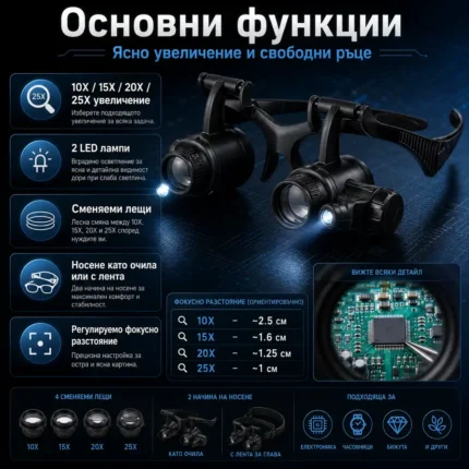 Мощна професионална часовникарска лупа за глава с LED осветление бижутери-2