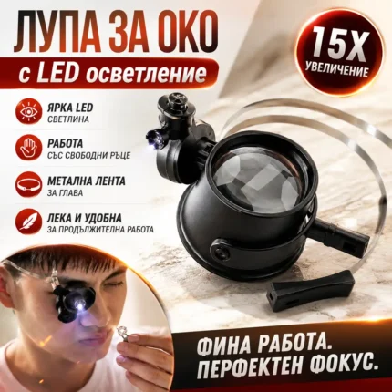 Лупа за око 15X с LED осветление за часовникари и бижутери