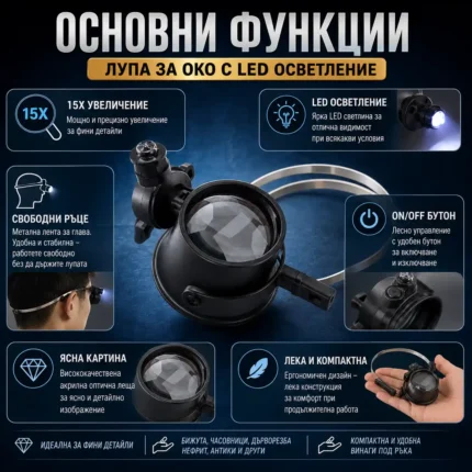 Професионална мощна лупа за око с LED осветление часовникарска бижутерска-2