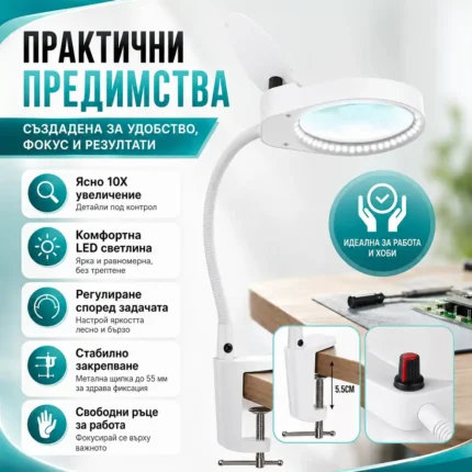 Професионална мощна настолна лупа 10X увеличение с LED осветление за четене-2
