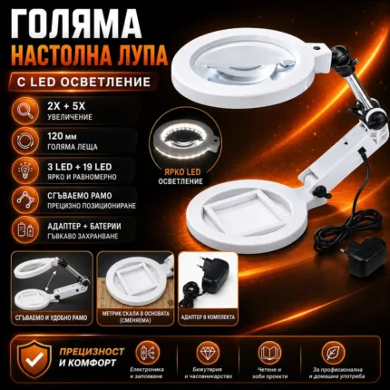 Настолна лупа с осветление 2X и 5X с регулируемо рамо и LED