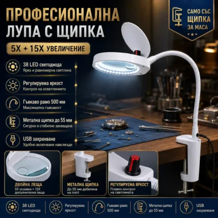 Лупа с щипка 5X и 15X с 38 LED и гъвкаво рамо
