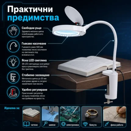 Професионална голяма увеличителна настолна лупа с щипка LED осветление-2