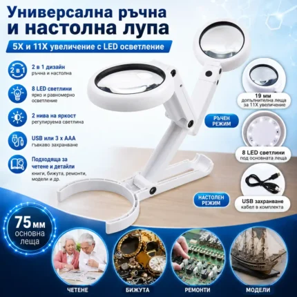 Сгъваема лупа с осветление 5X и 11X за четене и прецизна работа