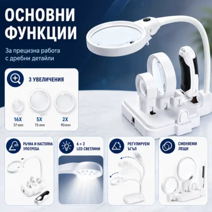 Увеличителна ръчна и настолна лупа с LED осветление сменяеми лещи регулируемо рамо-2
