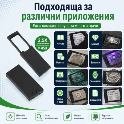 Джобна сгъваема ръчна лупа с LED осветление UV светлина за четене бижута-2