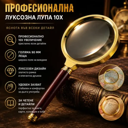 Голяма лупа за четене 10X със стъклена леща 90 мм