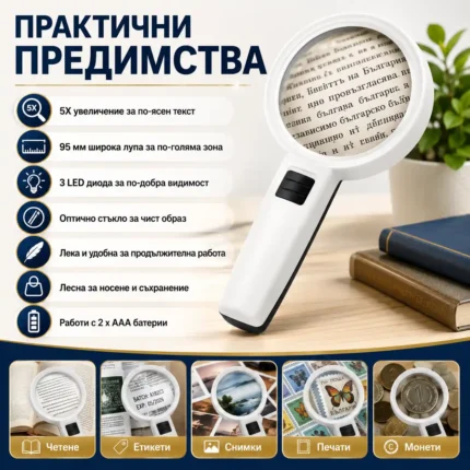 Увеличителна стъклена ръчна лупа с LED осветление за четене 5X увеличение-2