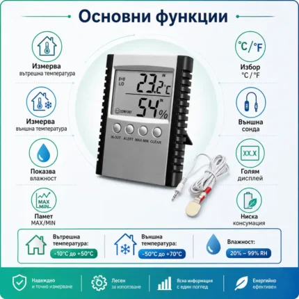 Точен дигитален термометър и влагомер със сонда хигрометър за въздух стая-2
