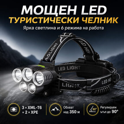 Челник с 5 LED диода CREE XML-T6 и XPE за туризъм