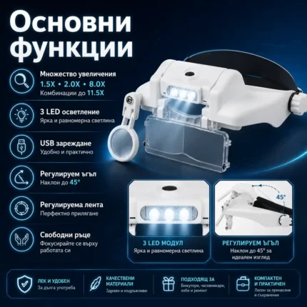 Увеличителна часовникарска лупа за глава око очила с LED светлина бижутери-2