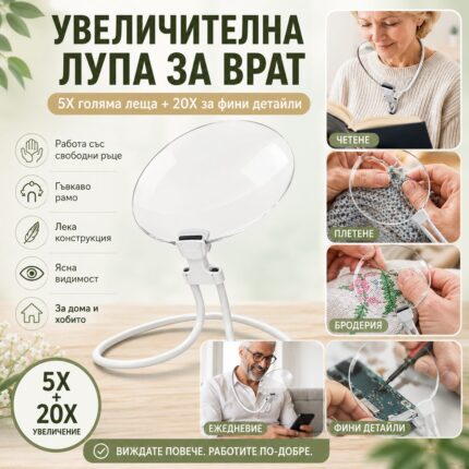 Лупа за шиене на гоблени за врат 5X и 20X със свободни ръце