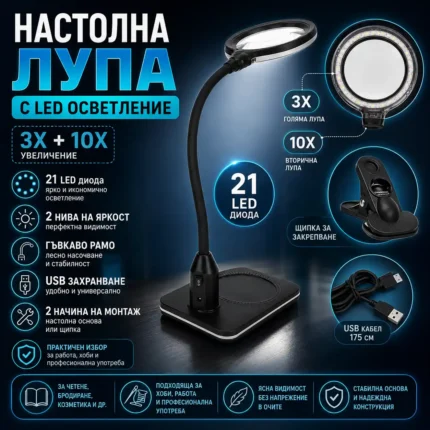 Настолна лупа с LED осветление 3X и 10X със стойка и щипка