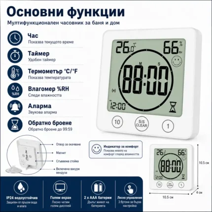 Водоустойчив дигитален часовник с термометър влагомер и таймер за баня LED електронен-2