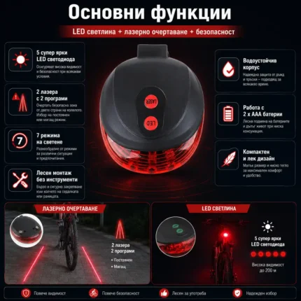 Задни светлини за велосипед LED лазер стоп за колело на батерии безопасност на пътя при колоездене-2