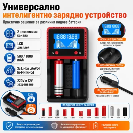 Зарядно за 18650 батерии с 2 слота и LCD дисплей