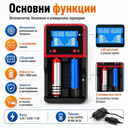 Универсално интелигентно зарядно устройство за батерии 18650 16340 2 слота-2