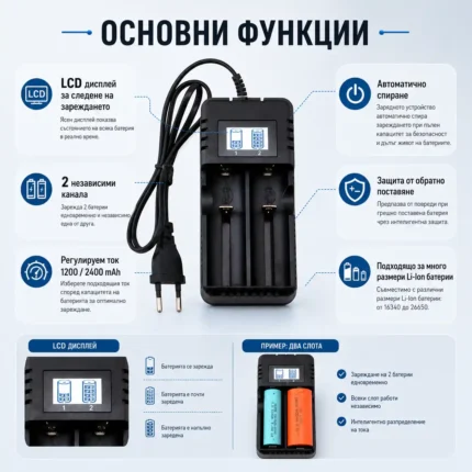 Универсално зарядно устройство за литиеви батерии 18650 16340 14500 26650 3.7V-2