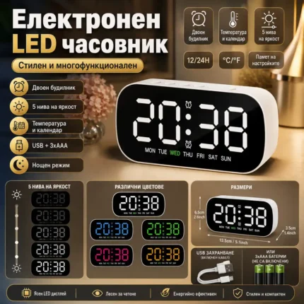 LED будилник с регулируема яркост, двойна аларма и календар