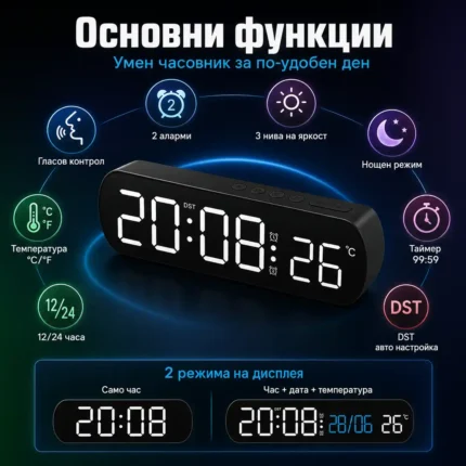 Електронен настолен LED часовник с термометър аларма постоянно светещ на ток USB за дома офиса-2