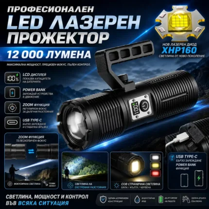 Мощен LED прожектор с многоцветна COB лампа и Power Bank
