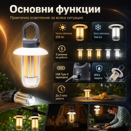 Мощна акумулаторна преносима LED лампа къмпинг осветление лед фенер за риболов туризъм палатка-2