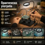 Увеличителна настолна лупа със станция за запояване LED осветление помощна трета ръка за платки-3