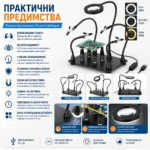 Увеличителна настолна лупа със станция за запояване LED осветление помощна трета ръка за платки-7