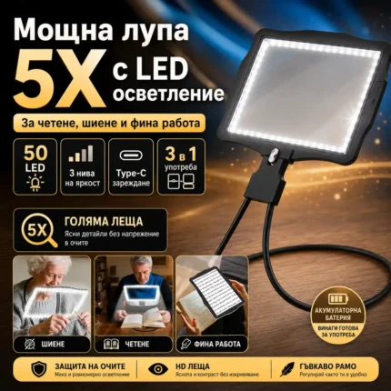 Лупа за врат 5X с LED осветление за четене, шиене и гоблени
