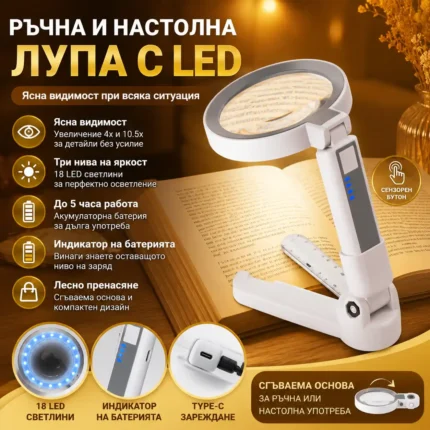 Акумулаторна ръчна лупа 4X и 10.5X с LED осветление