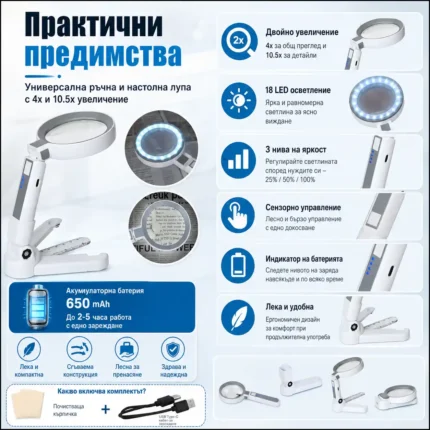 Акумулаторна ръчна увеличителна лупа с LED осветление USB зареждане за четене 4X увеличение и скала-2