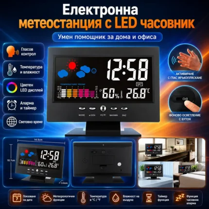 Дигитална метеостанция с термометър и влагомер, часовник и цветен дисплей