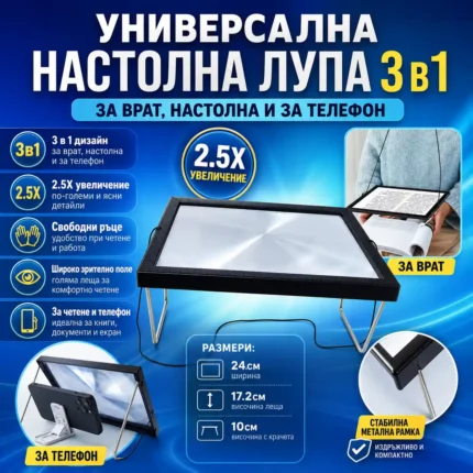Голяма лупа за четене 2.5X настолна и за врат със стойка
