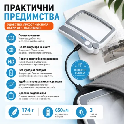 Акумулаторна правоъгълна увеличителна лупа с LED осветление ръчна за четене на книги USB зареждане-2