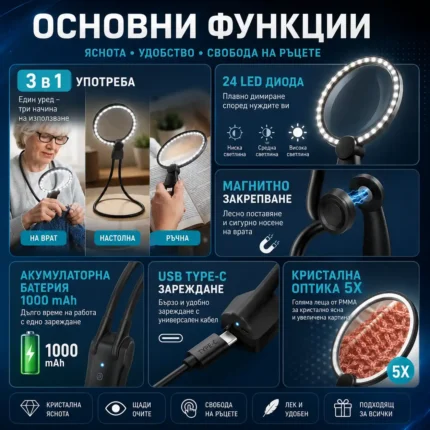 Голяма увеличителна лупа за врат с LED осветление за бродиране шиене гоблени четене настолна-2