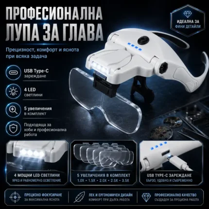 Лупа за глава със сменяеми лещи и LED осветление