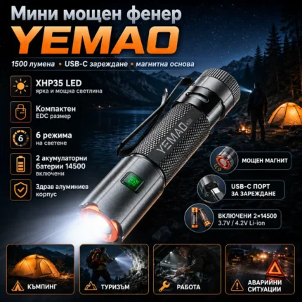 Мини акумулаторен фенер YEMAO с магнит, USB-C и 2 батерии