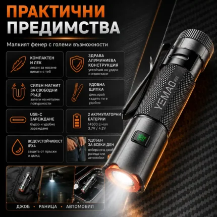 Мини мощен фенер YEMAO 1500 Лумена 2 акумулаторни батерии магнит и USB-C зареждане-2