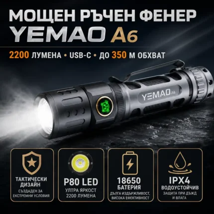 Мощен акумулаторен фенер YEMAO с USB-C за лов, къмпинг и туризъм