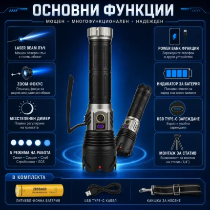 Професионален прожектор с лазерен диод COBA 60W – 2000м обхват Power Bank и димер-2