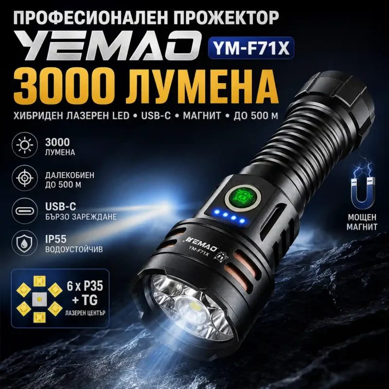 Професионален LED фенер YEMAO 3000 лумена с USB-C