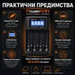 Универсално зарядно устройство PowerKAN ALL4 за 4 броя AA AAA батерии с автоматично разпознаване LCD екран и Type-C вход-4