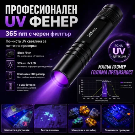 Компактен UV фенер с черен филтър 365nm