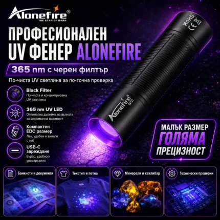 Компактен ръчен UV фенер 365nm с черен филтър