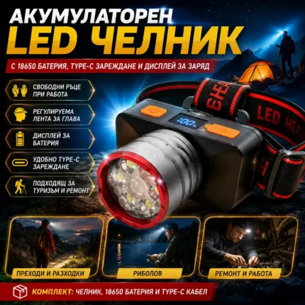 Мощен LED акумулаторен челник COBA High Light с Type-C и дигитален дисплей и батерия 18650