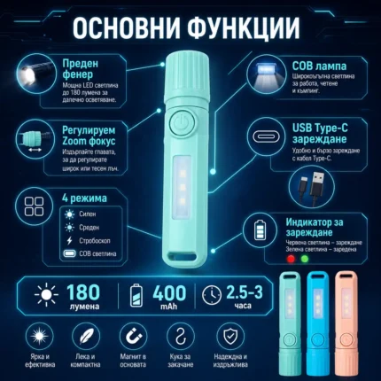 Акумулаторен LED джобен мини фенер Aerbes с COB лампа и USB Type-C-2