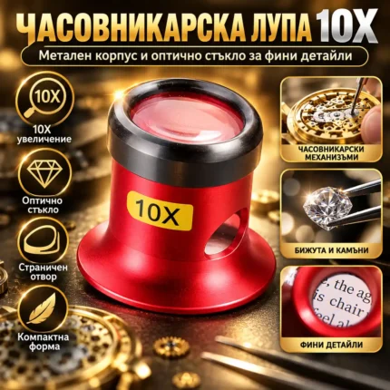 Часовникарска лупа 10X с метален корпус и стъклена леща