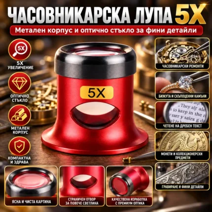 Часовникарска лупа 5X с метален корпус и стъклена леща